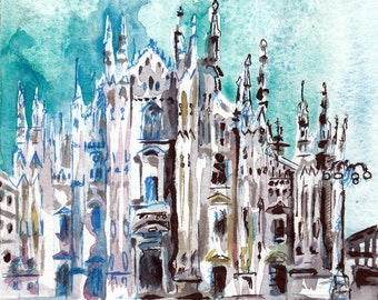 Piazza Del Duomo Milan, Italy - Print of Original Watercolor and Ink Painting by Jen Tracy - European Cathedral Art Prints - Small Art Piece