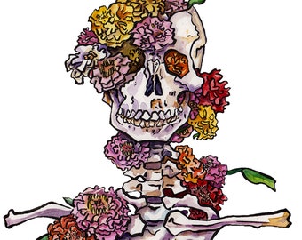 Painting of Bones with Plants Reproduction - Watercolor and Ink Skeleton - Zinnia Flowers and Skull - Memento Mori Flower Skull Art