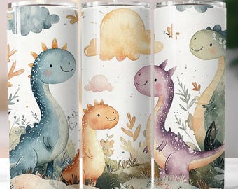 Watercolor Dinosaur Tumbler Wrap: Kawaii Girl PNG (Digital Download 20oz Skinny Tumbler Design)
