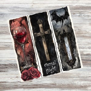 May include: Watercolor artwork featuring three vertical panels. The first shows a wine glass with red wine and roses. The second has a cross with the text "eternal night". The third panel depicts a bat and a decorative window.