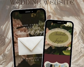 Plantilla de sitio web de boda elegante y caprichosa, plantilla editable de Canva, sitio web digital responsivo con estética vintage.