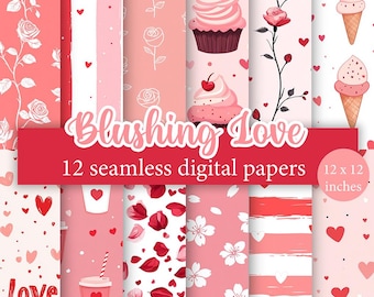 Blushing Love - Paquete de 12 papeles digitales sin costuras, patrones repetidos de corazones rosados y rojos