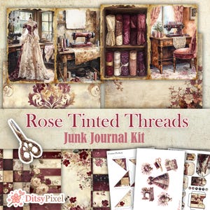 Rose Tinted Threads - Kit per diario vintage romantico da cucire, pagine di scrapbooking digitale