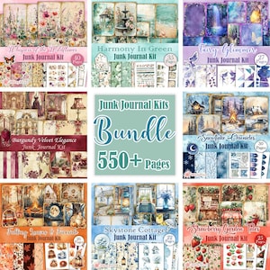 Puede incluir: Un paquete de kits de collage digital para diarios de desecho, que incluye seis kits diferentes con un total de más de 550 páginas. Los kits incluyen temas como "Whispers of the Wildflower", "Harmony in Green", "Fairy Glimmer", "Burgundy Velvet Elegance", "Snowflake Chronicles", "Falling Leaves & Fireside", "Skystone Cottage" y "Strawberry Garden Tales".