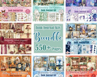 May include: A digital collage kit bundle for junk journals, featuring six different kits with a total of over 550 pages. The kits include themes like "Whispers of the Wildflower", "Harmony in Green", "Fairy Glimmer", "Burgundy Velvet Elegance", "Snowflake Chronicles", "Falling Leaves & Fireside", "Skystone Cottage", and "Strawberry Garden Tales".