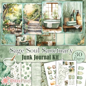 Sage Soul Sanctuary - Kit imprimible de diario basura sobre bienestar, páginas de álbumes de recortes digitales tranquilas y calmadas - 30 páginas