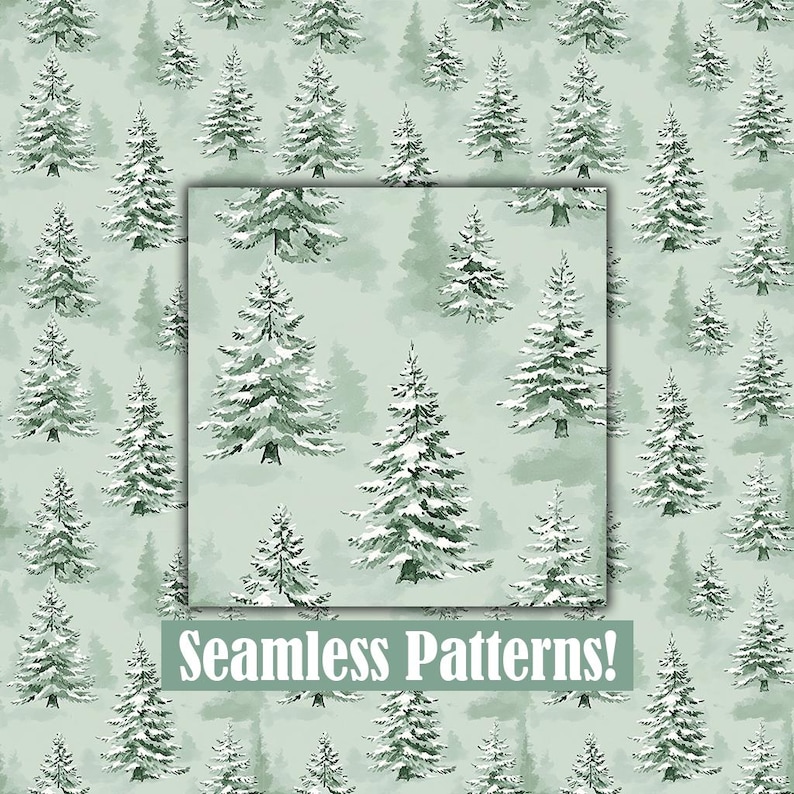 Spruce Tree Repeating Pattern Frosted Branches - 12 Seamless Digital Paper Pack, Winter Trees ...