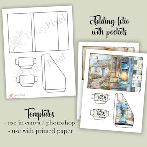 May include: Two white paper templates for a folding folio with pockets. One template shows the folio's outline, and the other features a watercolor painting of a cottage and a lantern. Text reads "Templates - use in canva / photoshop - use with printed paper."