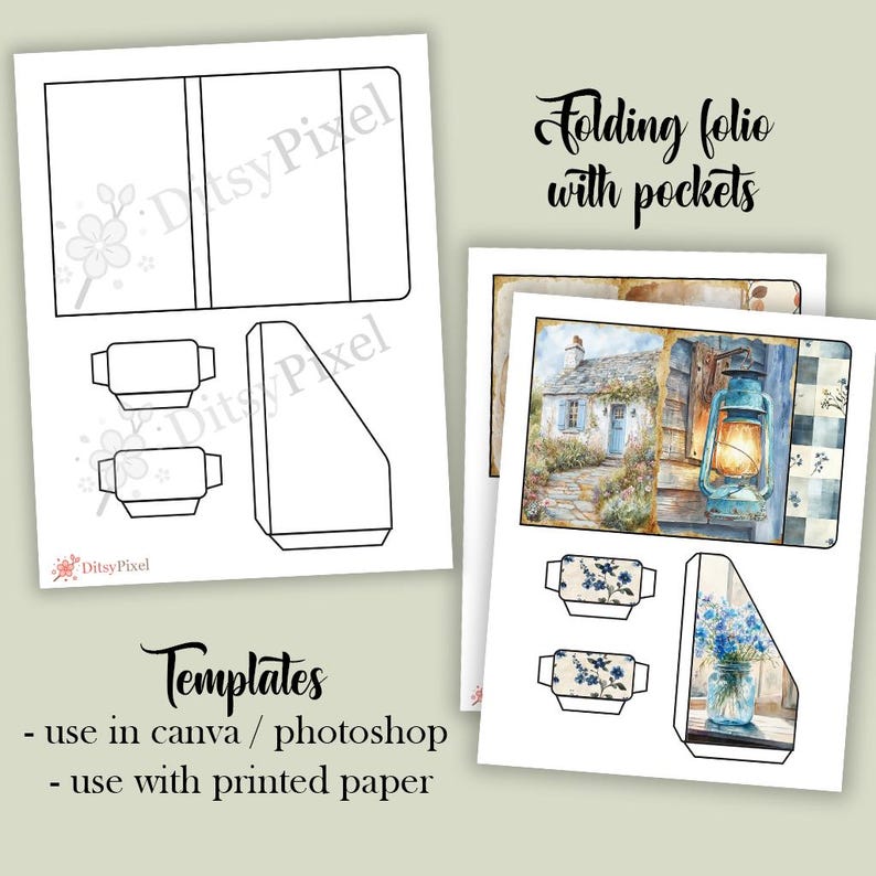 May include: Two white paper templates for a folding folio with pockets. One template shows the folio's outline, and the other features a watercolor painting of a cottage and a lantern. Text reads "Templates - use in canva / photoshop - use with printed paper."