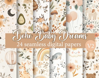 Boho Baby Dreams V2 - 24 bezszwowe cyfrowe papiery, akwarelowe neutralne odcienie, powtarzające się wzory z motywami dziecięcymi i kwiatowymi