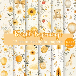 Könnte beinhalten: Ein Set mit 12 digitalen Papieren mit einer Vielzahl von niedlichen Illustrationen in einem gelben und weißen Farbschema. Die Designs beinhalten Ananas, Sonnenblumen, Heißluftballons, einen Bären, eine Giraffe und mehr. Die Papiere sind 30,48 cm x 30,48 cm groß und perfekt zum Basteln und Scrapbooking.