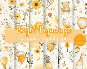 Bright Beginnings - 12 Seamless Digital Paper Pack, Watercolour Yellow Tones Repeating Patterns With Baby Motifs And Florals