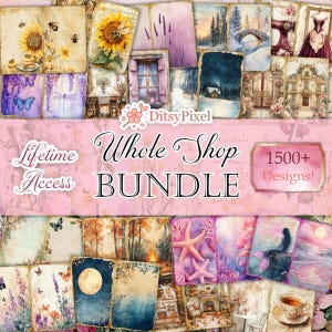 May include: A collection of vintage-style digital designs, featuring watercolor illustrations of sunflowers, butterflies, and landscapes. The text reads "Whole Shop Bundle" and "Lifetime Access". Includes over 1500 designs.