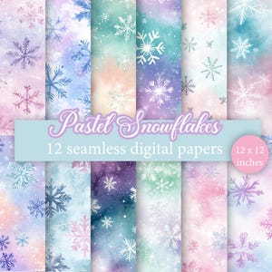 Fiocchi di neve pastello - Confezione da 12 fogli di carta digitale senza soluzione di continuità, fiocchi di neve invernali toni pastello motivi ripetuti,