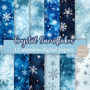 May include: A collection of 12 seamless digital papers with a winter theme. The papers feature various shades of blue and white, with snowflake designs. Each paper is 12 x 12 inches.