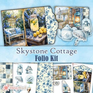 May include: A digital scrapbook folio kit titled "Skystone Cottage" featuring watercolor illustrations. The kit includes images of a garden scene with a bench, lemons, and a pitcher of lemonade, along with other decorative elements.