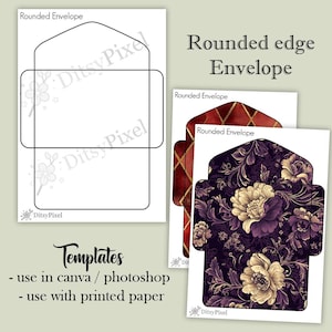 May include: A collection of envelope templates with rounded edges. One template is a black outline, and others feature floral and geometric patterns in burgundy, gold, and purple. Text reads "Rounded edge Envelope" and "Templates - use in canva / photoshop - use with printed paper."