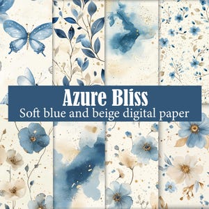 Azure Bliss - Un pacchetto di carta digitale senza soluzione di continuità, 12 motivi ripetuti in morbido acquerello blu ceruleo, sfondi beige, scintillii dorati