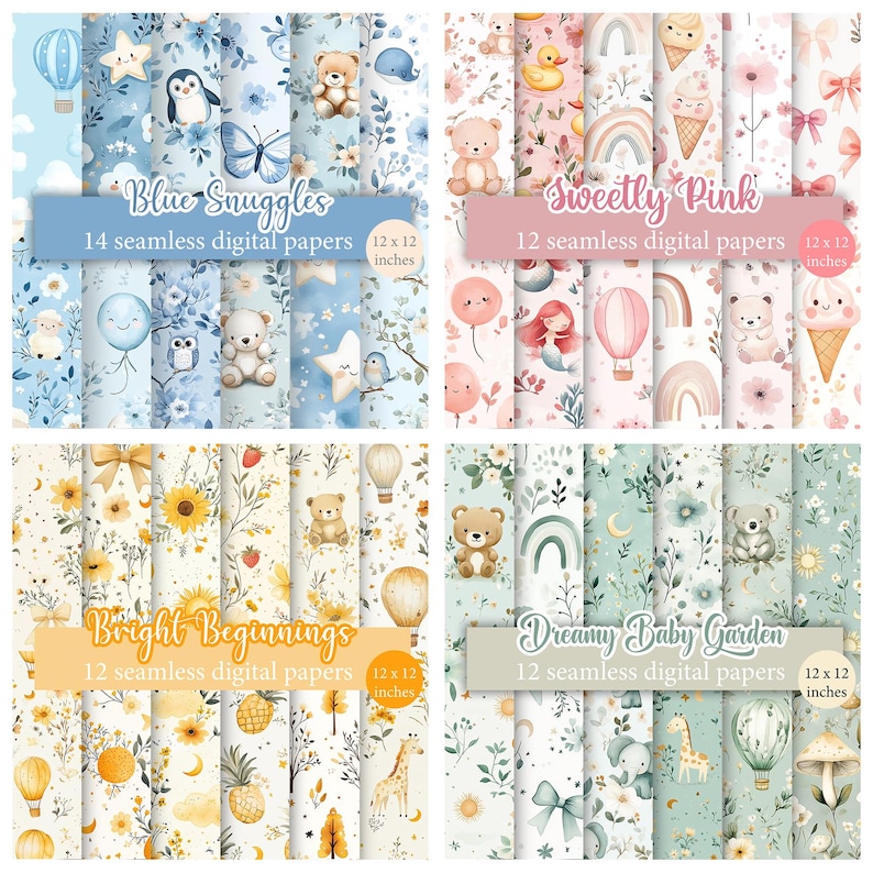 Może przedstawiać: Zestaw 4 pakiet&oacute;w papieru cyfrowego do scrapbookingu lub rękodzieła. Każdy pakiet zawiera inny motyw: Blue Snuggles, Sweetly Pink, Bright Beginnings i Dreamy Baby Garden. Papiery mają rozmiar 30,5 x 30,5 cm i zawierają urocze ilustracje zwierząt, balon&oacute;w, tęcz i innych wzor&oacute;w z motywem dziecięcym.