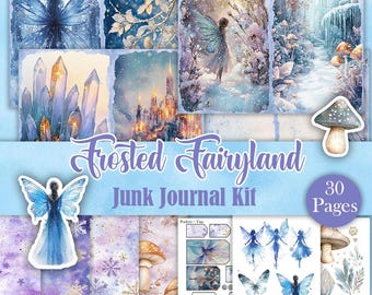 Frosted Fairyland - Afdrukbare Winter Fairy Junk Journal Kit, Snow Fairy digitale scrapbookpagina's
