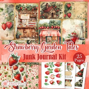Strawberry Garden Tales - Printable Strawberries Junk Journal Kit, Ephemera, Red Vintage Digital Scrapbooking Pages