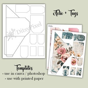 May include: Two sheets of paper with folio and tag templates. One sheet shows outlines for cutting, the other shows a floral design with pink and cream flowers. Text reads "Folio + Tags" and "Templates - use in canva / photoshop - use with printed paper."