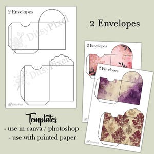 May include: Envelope templates with a floral design and the text "2 Envelopes". The templates are shown in black and white, and also with colorful floral and abstract patterns. The text "Templates" is also visible.