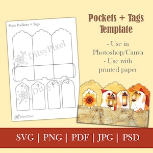 May include: A template for mini pockets and tags, featuring a design for use in Photoshop or Canva. The design includes a pocket and tag outlines, along with examples of finished tags with floral and lantern illustrations. The image also includes file type options: SVG, PNG, PDF, JPG, and PSD.