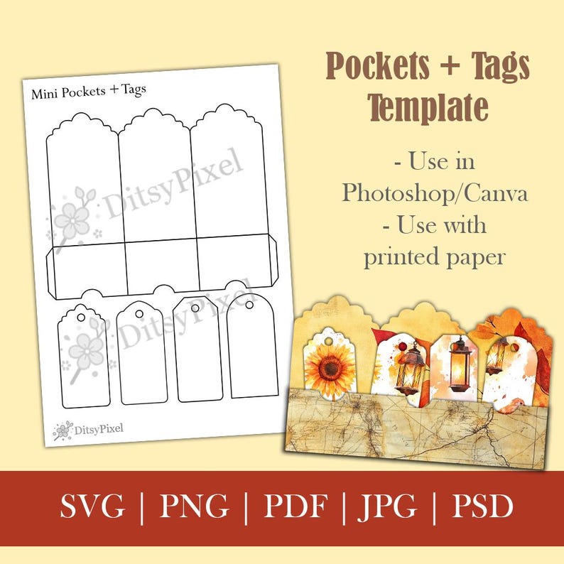 May include: A template for mini pockets and tags, featuring a design for use in Photoshop or Canva. The design includes a pocket and tag outlines, along with examples of finished tags with floral and lantern illustrations. The image also includes file type options: SVG, PNG, PDF, JPG, and PSD.