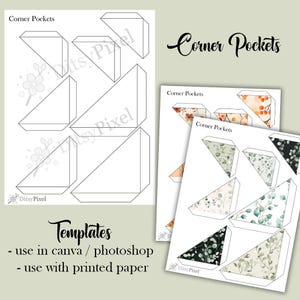Puede incluir: Plantillas de bolsillo de esquina imprimibles para usar en Canva o Photoshop. Las plantillas están en blanco y se pueden usar con papel impreso. La imagen muestra un conjunto de seis bolsillos de esquina.
