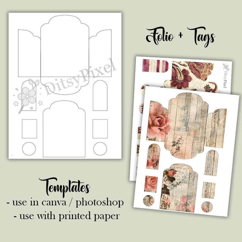 May include: A set of paper templates for folios and tags. The templates include outlines for cutting and folding, with additional printed paper designs featuring floral and wood grain patterns. The text on the image says "Folio + Tags" and "Templates".