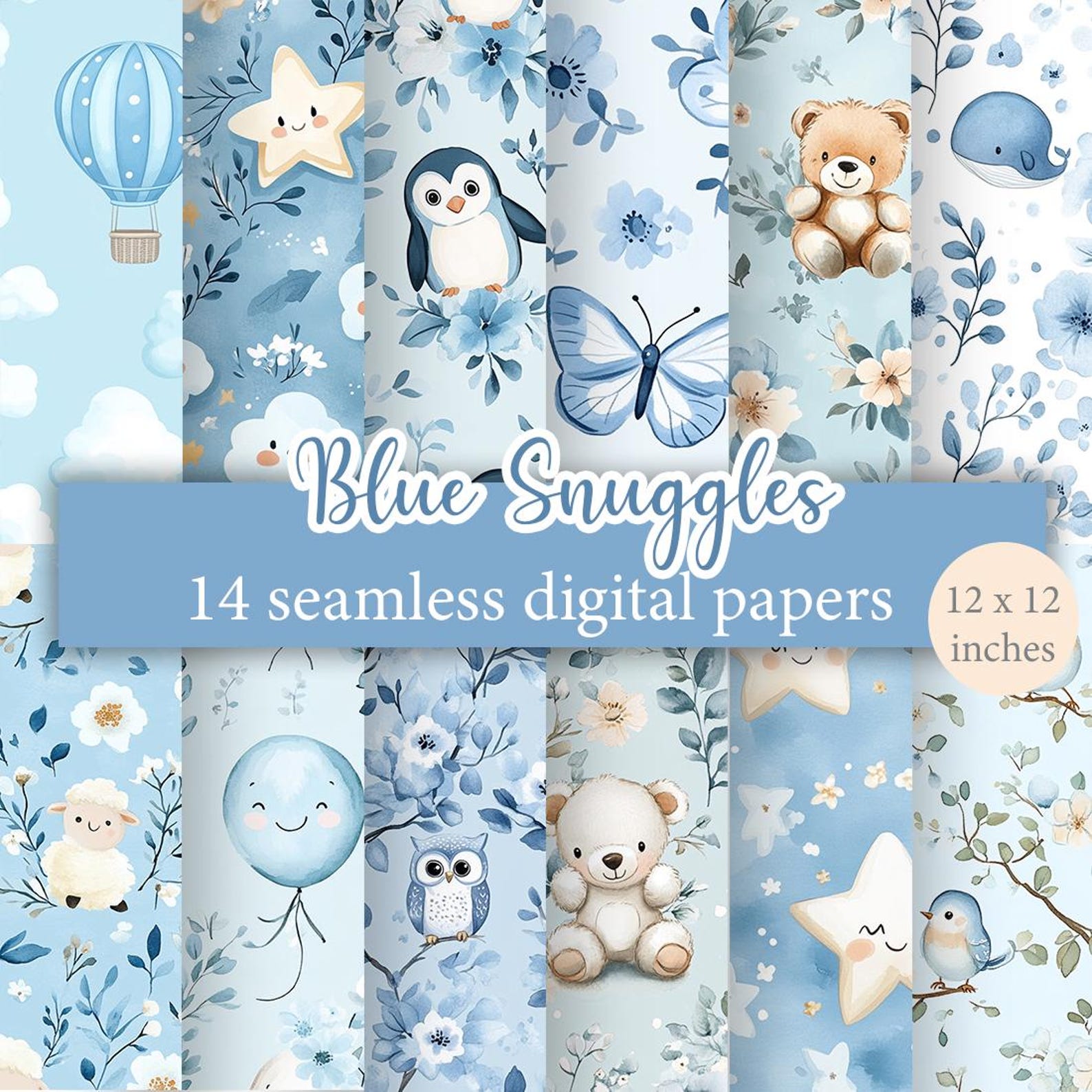 Blue Snuggles - 14 Seamless Digital Paper, Watercolour Blue Tones ...