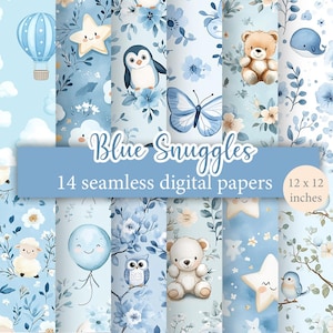 Blue Snuggles - 14 modelli di carta digitale senza soluzione di continuità, motivi ripetuti nei toni del blu dell'acquarello con motivi di neonati e fiori