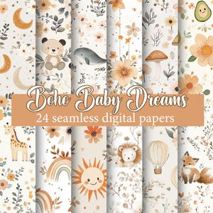 Boho Baby Dreams - Confezione da 24 carte digitali senza cuciture, toni neutri dell'acquerello, motivi ripetuti con motivi floreali e motivi per bambini