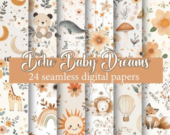 Boho Baby Dreams - 24 bezszwowe cyfrowe papiery, akwarelowe neutralne odcienie, powtarzające się wzory z motywami dziecięcymi i kwiatowymi