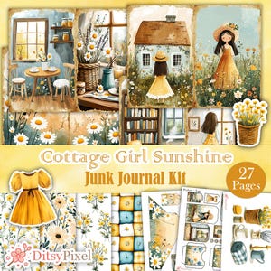 Cottage Girl Sunshine - Printable Cute Cottage Girl Junk Journal Kit, Yellow Flowers and Daisy Meadow Digital Scrapbooking Pages