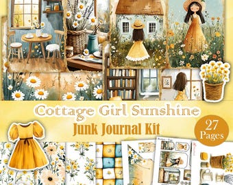 Cottage Girl Sunshine - Kit imprimible de diario basura Cottage Girl, páginas de scrapbooking digital con flores amarillas y prado de margaritas