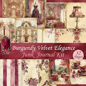 Élégance en velours bordeaux - kit de journal imprimable vintage Pretty Luxury Palace Junk Journal, éphémères et folio, pages de scrapbooking numérique