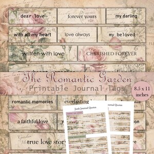 May include: A collection of printable journal tags featuring vintage floral patterns and romantic phrases like dear love, forever yours, my darling, with all my heart, love always, my beloved, written with love, and CHERISHED FOREVER on 8.5 x 11 inches.