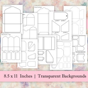 May include: A collection of white paper templates for envelopes, pockets, and tags. The designs include rounded and pretty envelopes, mini pockets, and various tag shapes. The text on the image reads "8.5 x 11 Inches | Transparent Backgrounds".