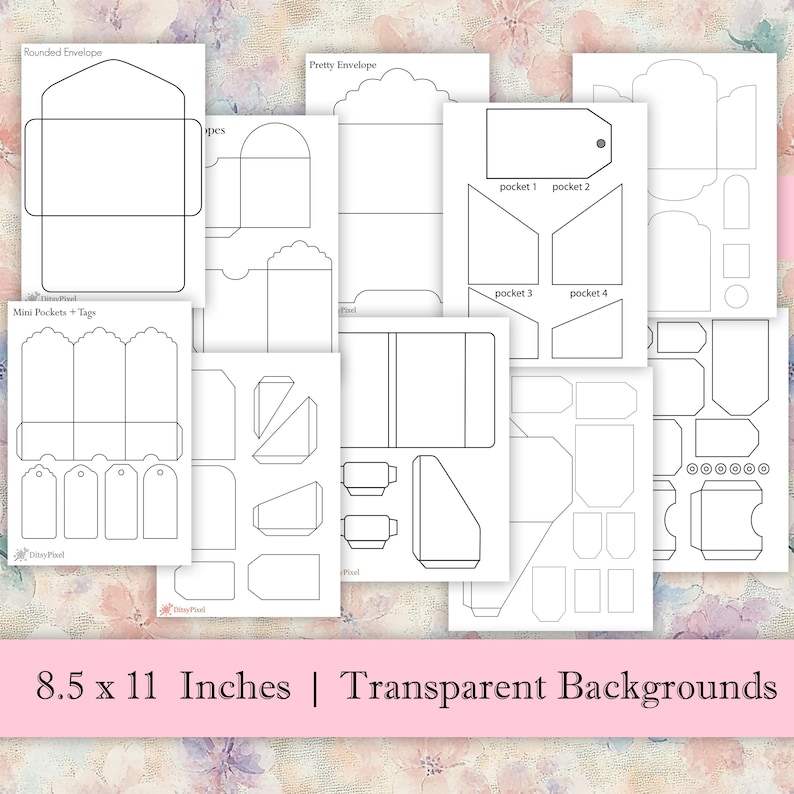 May include: A collection of white paper templates for envelopes, pockets, and tags. The designs include rounded and pretty envelopes, mini pockets, and various tag shapes. The text on the image reads "8.5 x 11 Inches | Transparent Backgrounds".