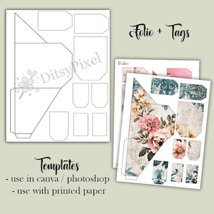Junk Journal Folio-Vorlagen | Folio Pocket + Tags Vorlagen | Bastelbedarf | Leere Vorlagen | png, svg, pdf, jpg, psd