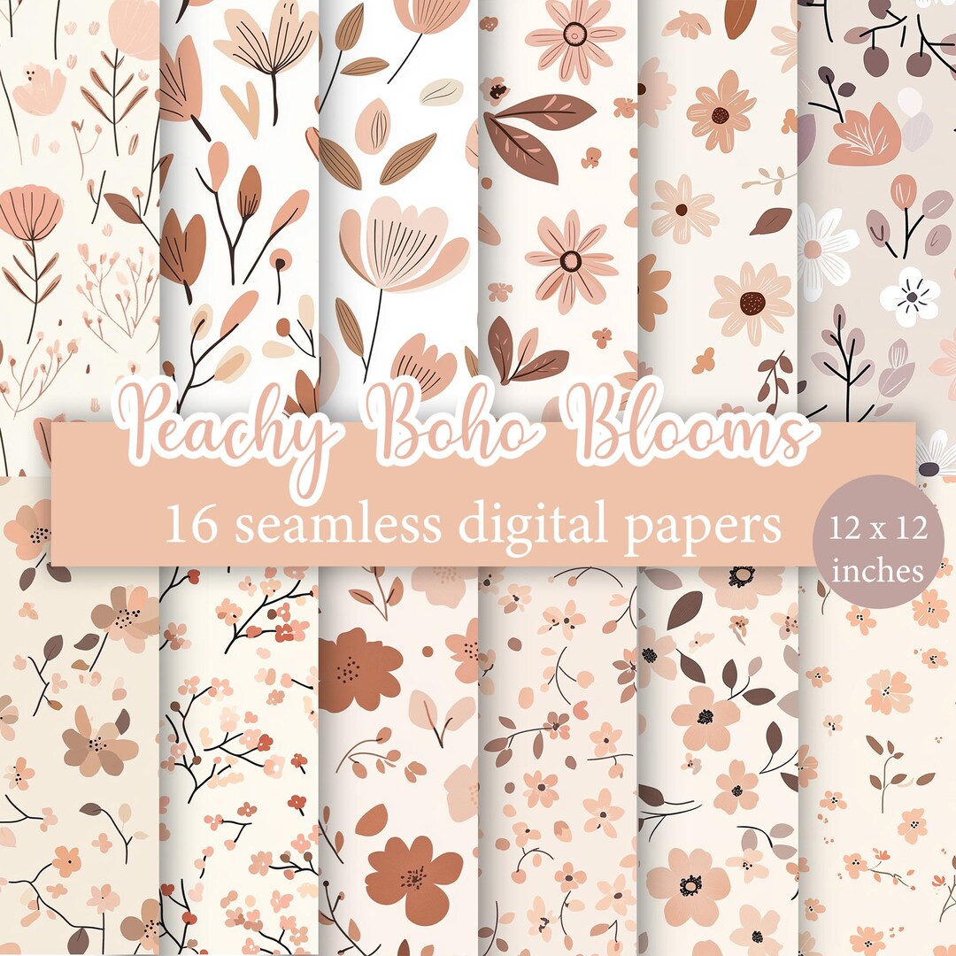 Peachy Boho Blooms - 16 Seamless Digital Paper Pack, Abstract Floral ...