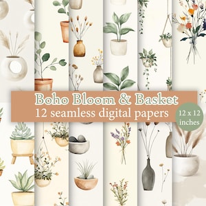 May include: Twelve digital papers featuring a variety of watercolor illustrations of plants, flowers, and baskets in a boho style. The papers are 12 inches by 12 inches.