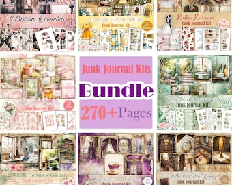 May include: A bundle of nine junk journal kits with various themes, including Parisian Boudoir, Cottage Girl Sunshine, and Rustic Romance. The kits feature decorative papers and ephemera, with a total of over 270 pages. The bundle is displayed on a light purple background.