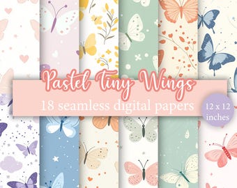 Pastel Tiny Wings - 18 Seamless Digital Paper Pack, Butterfly Pastel Tones Repeating Patterns, Cute Baby Seamless Patterns