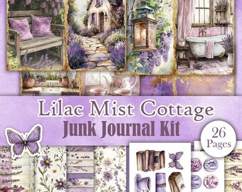 May include: Lilac Mist Cottage Junk Journal Kit with 26 pages of printable papers, ephemera, and embellishments. The kit features a cottage, lavender flowers, and a vintage bathroom.