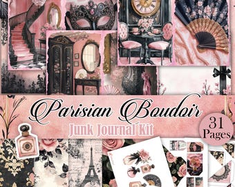 May include: A Parisian Boudoir Junk Journal Kit with 31 pages. The kit includes a variety of papers with pink and black floral designs, a vintage Parisian-themed image, and a black and white image of a masquerade mask. The kit also includes a variety of embellishments, such as a vintage perfume bottle, a fan, and a clock.