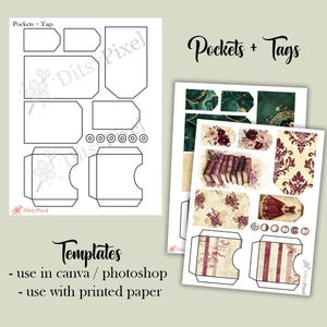 Junk Journal Pocket-Vorlagen | Quadratische Taschen + Tags-Vorlagen | Bastelbedarf | Leere Vorlagen | png, svg, pdf, jpg, psd