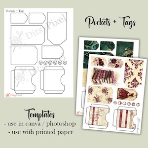 May include: Two sheets of paper with templates for pockets and tags. One sheet shows outlines of various shapes, while the other displays printed designs with floral and book motifs. Text reads "Pockets + Tags" and "Templates".